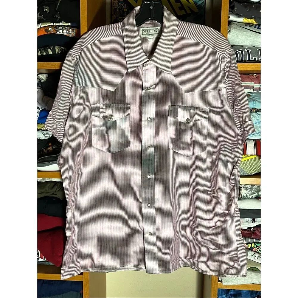 Vintage Stetson Men’s Short Sleeve Western Pearl Snap Striped Shirt Size 17 XL